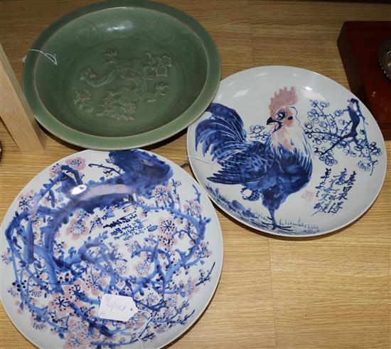 2 Chinese underglaze blue and copper red dishes and a celadon dish
